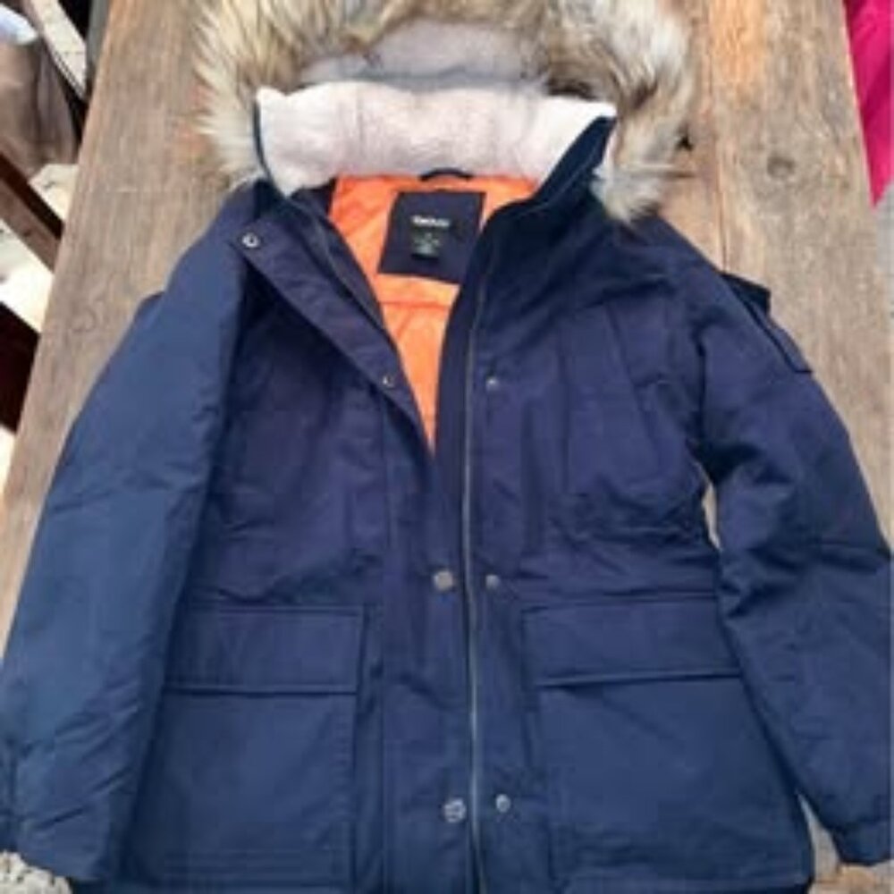 DKNY Puffer Jacket Faux-Fur Hood Dark Navy Womens Size Small